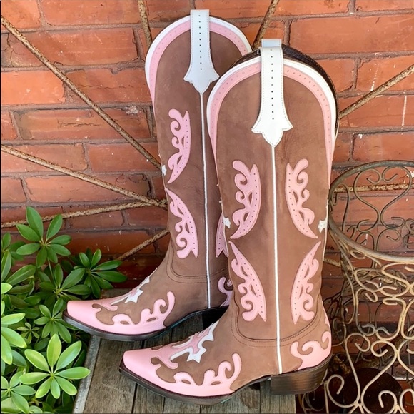 LANE Grace Cross Tall Brown Pink White Leather Cowboy Western Boots, Size 7.5 - Picture 8 of 13